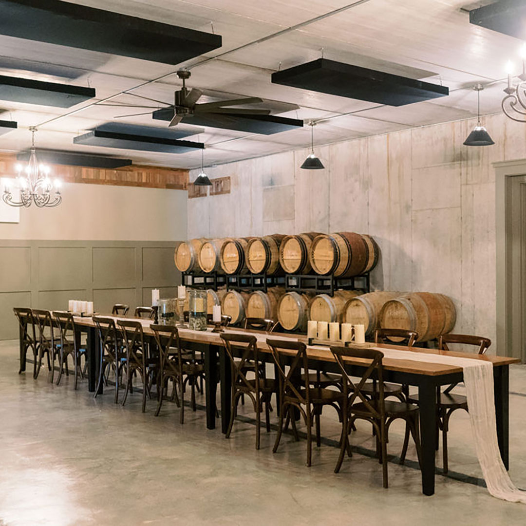 A bar and barrel room at Fleetwood Farm Winery, which is available as one of their indoor and outdoor venues in Leesburg, Virginia.